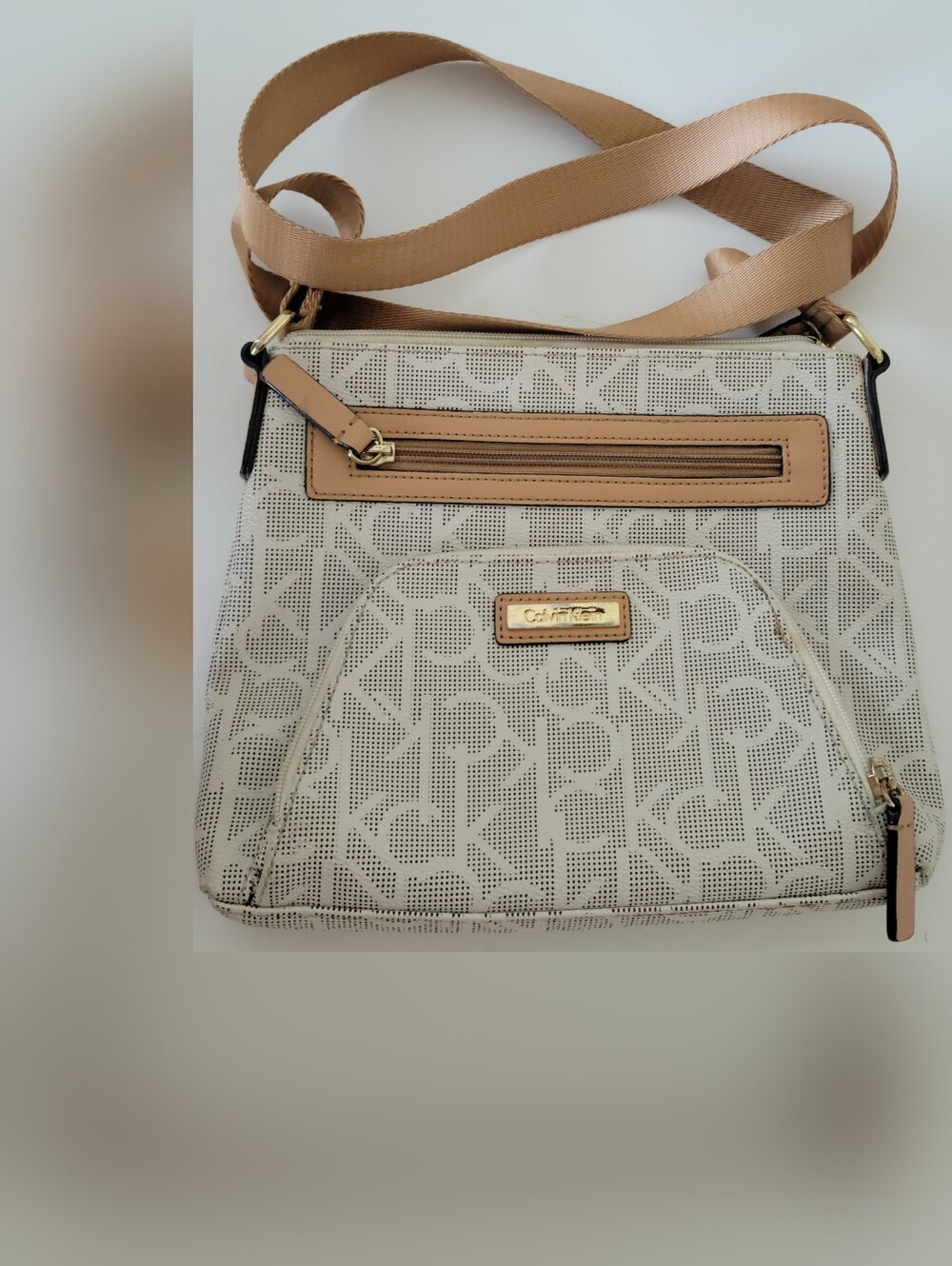 Calvin Klein Cream & Tan Signature "CK" Crossbody bag, Sturdy Adjustable Strap